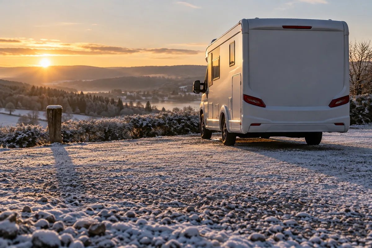 Camping-car stationné sur une aire dégagée au lever du jour, neige fraîche au sol