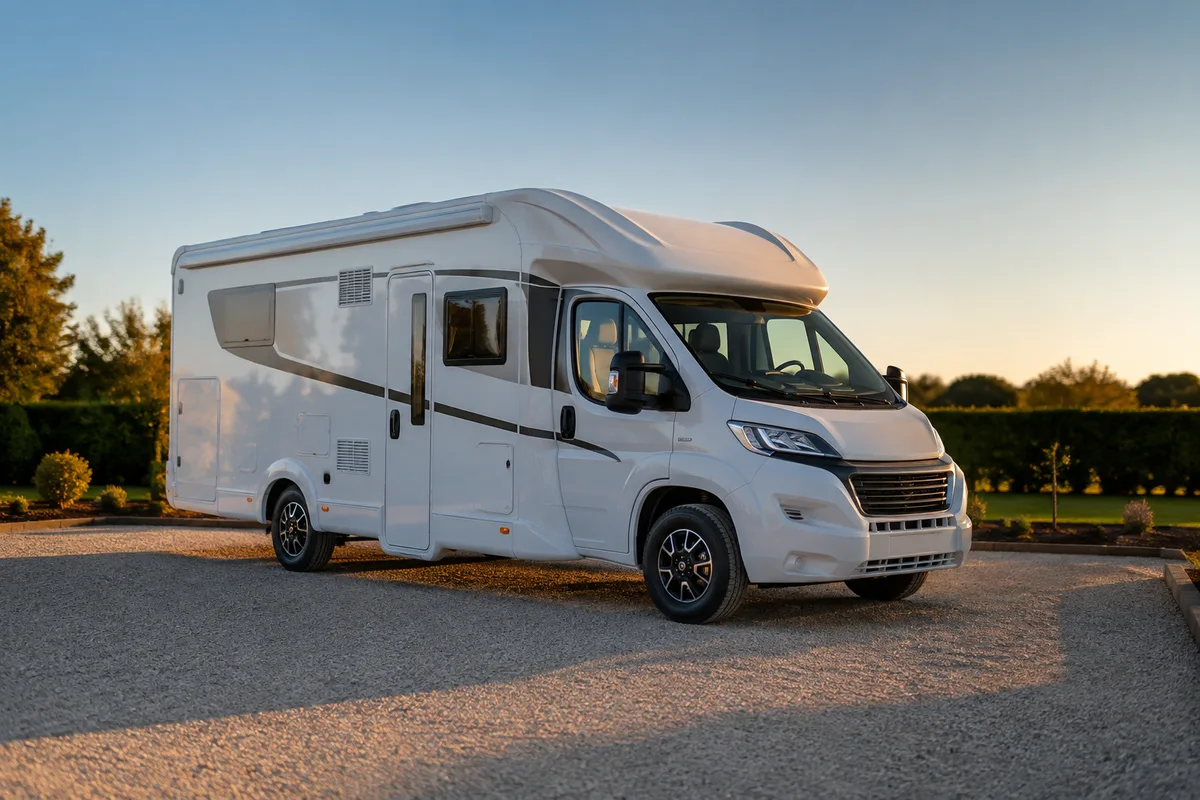 Camping-car stationné sur une aire gravillonnée en bordure de jardin, ciel dégagé