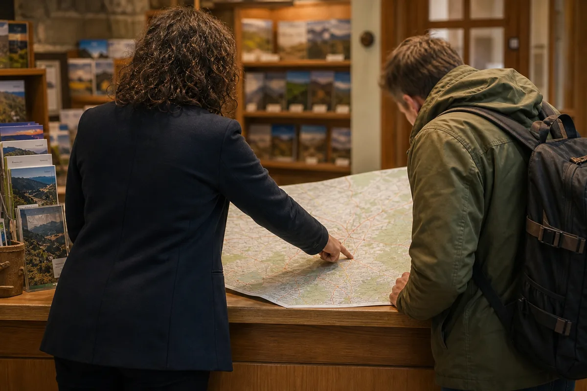 Agent d’accueil touristique renseignant des visiteurs sur une carte régionale