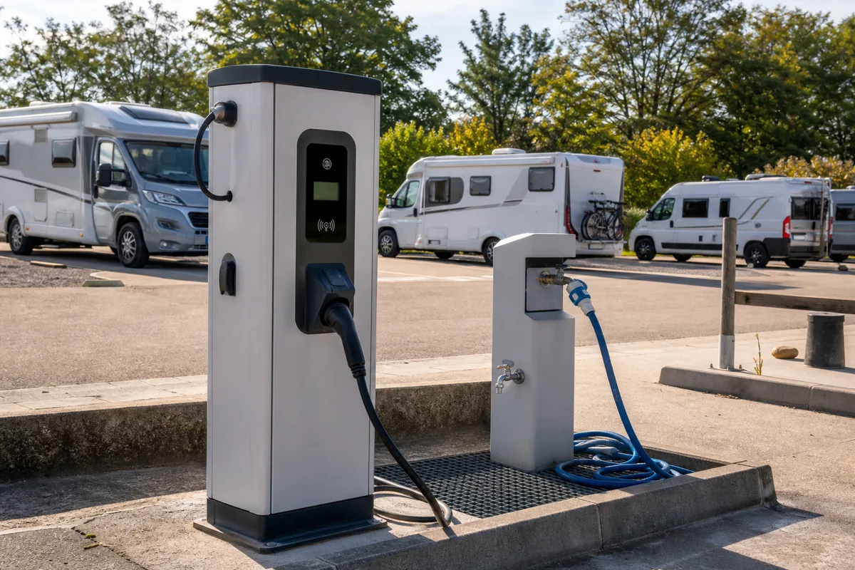 Aire de services pour camping-cars avec bornes de recharge et point d’eau