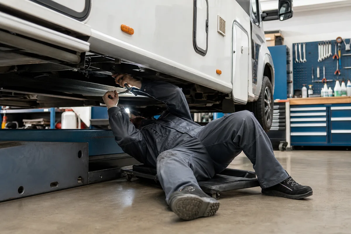 Technicien effectuant la révision d’un camping-car dans un atelier