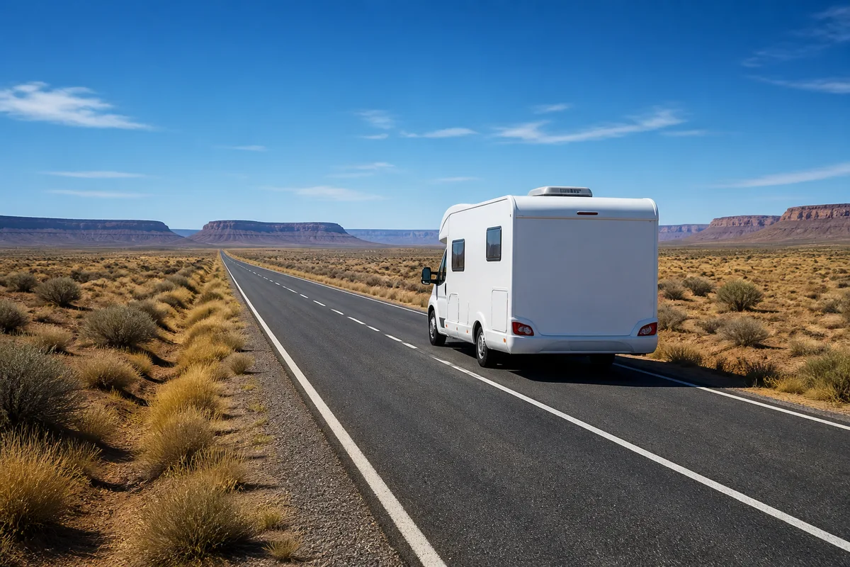 Camping-car de location circulant sur une route rectiligne du sud-ouest américain