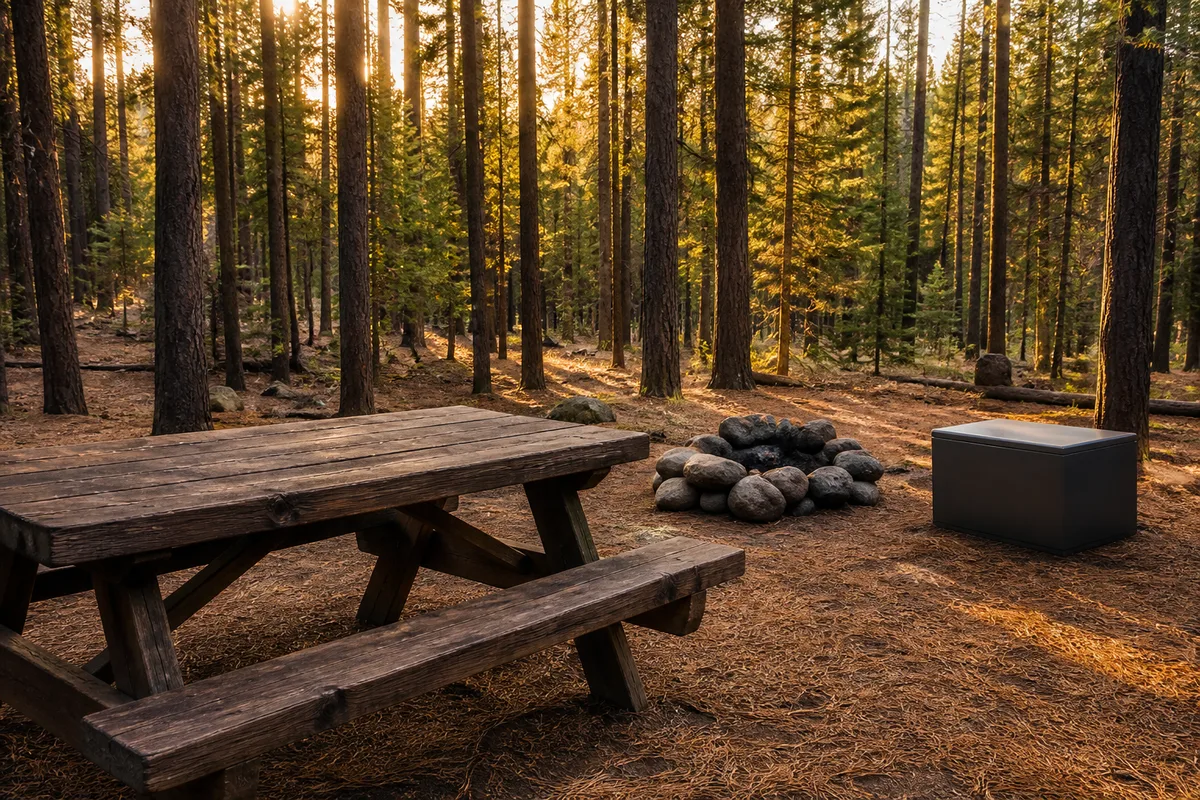 Emplacement de campground forestier avec table de pique-nique et cercle de feu