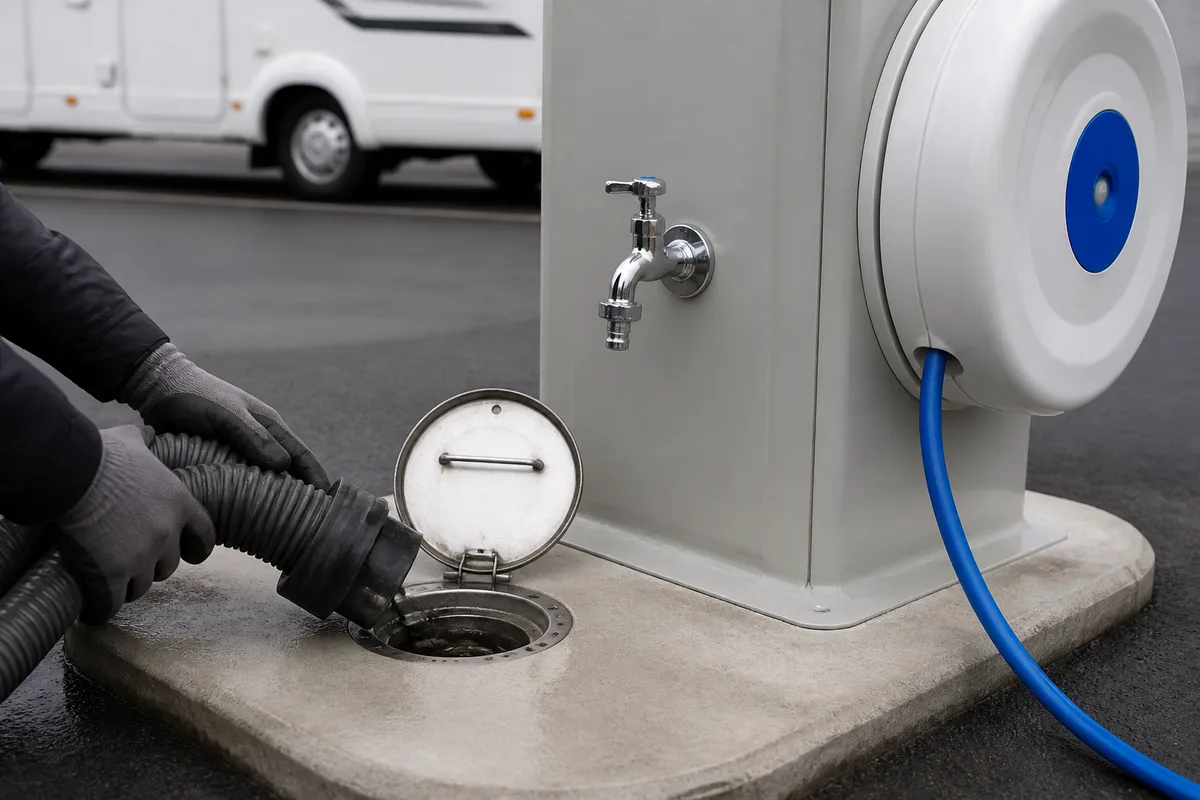 Bras de vidange et point d’eau potable sur une aire de services pour véhicules de loisirs
