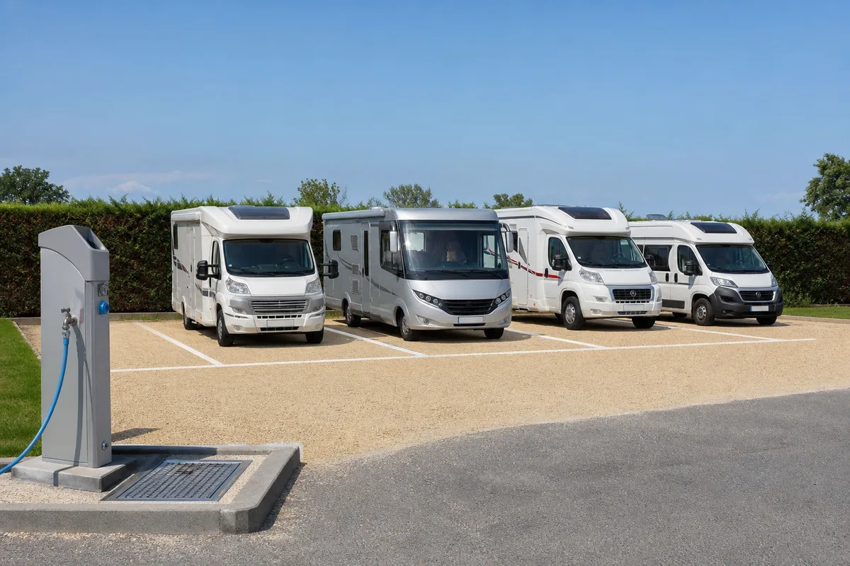 Camping-cars alignés sur des emplacements numérotés d’une aire de services
