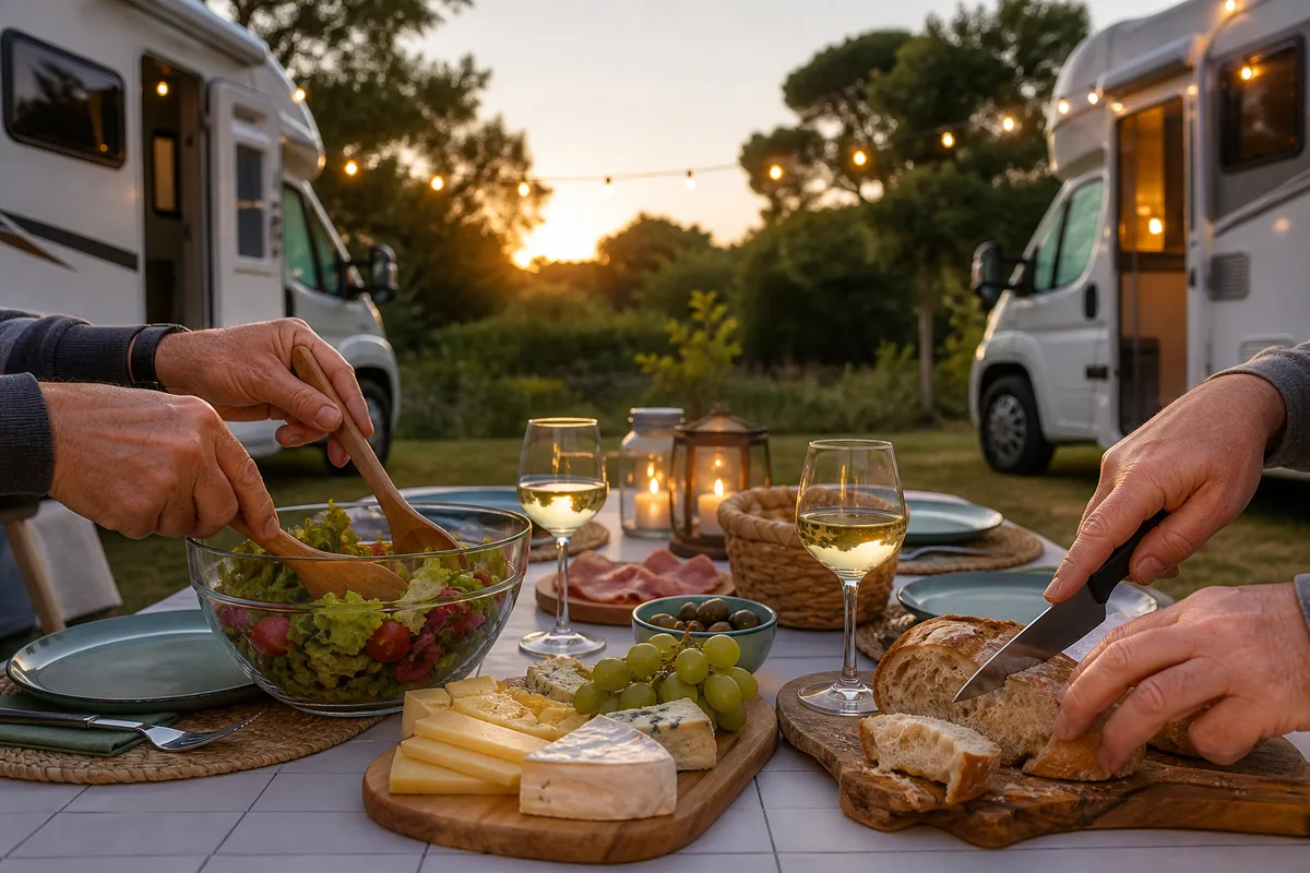 Groupe de camping-caristes préparant un repas en plein air près de leurs véhicules