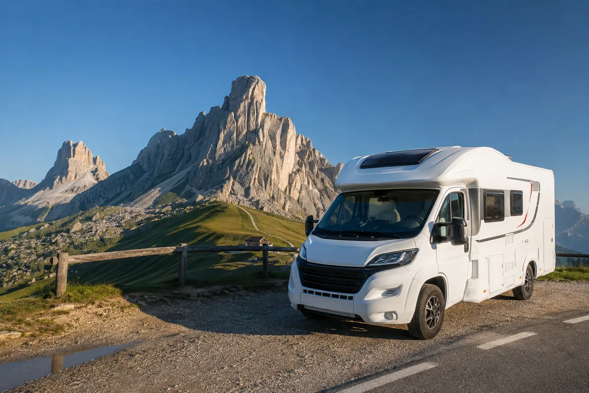 Camping-car sur une route de montagne italienne avec sommets rocheux en arrière-plan