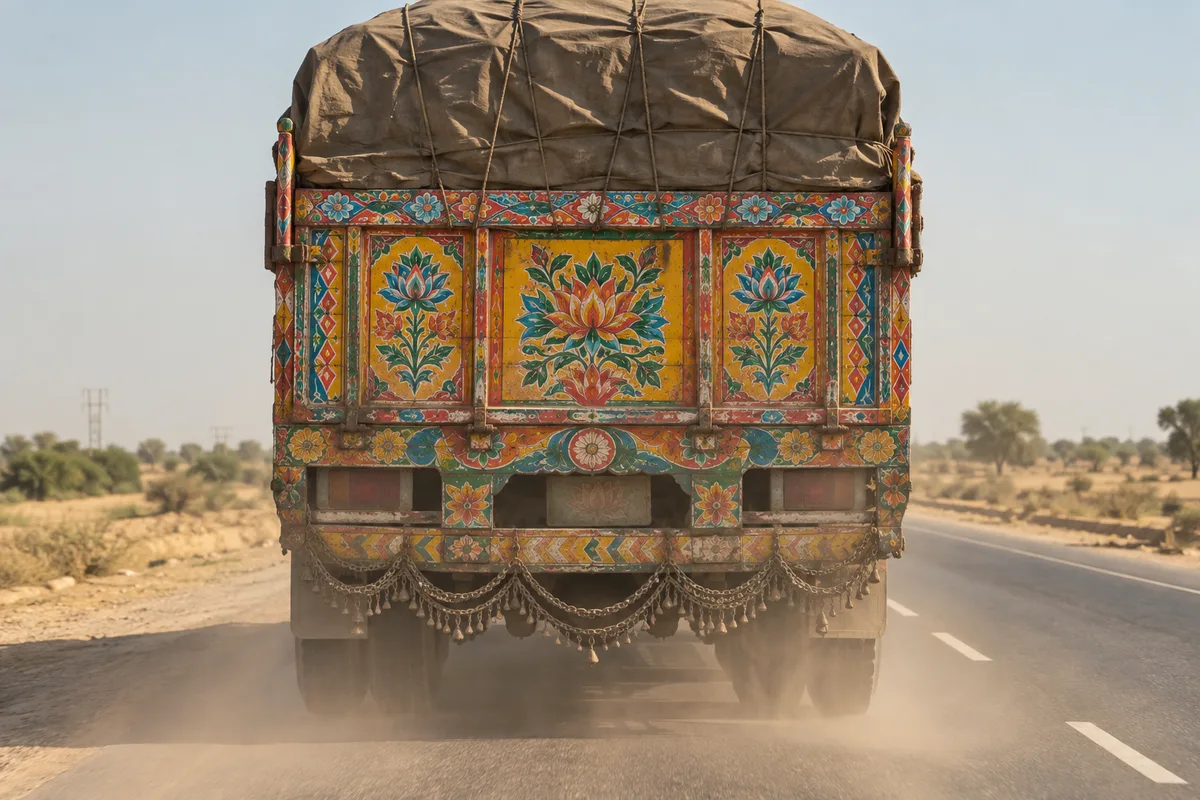 Camion indien décoré vu de dos sur une route nationale poussiéreuse