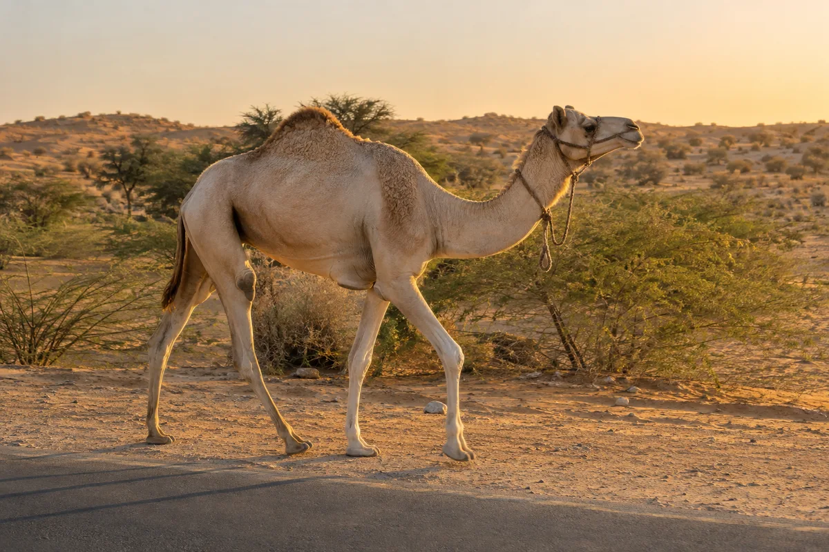 Dromadaire marchant au bord d’une route du Rajasthan en fin de journée